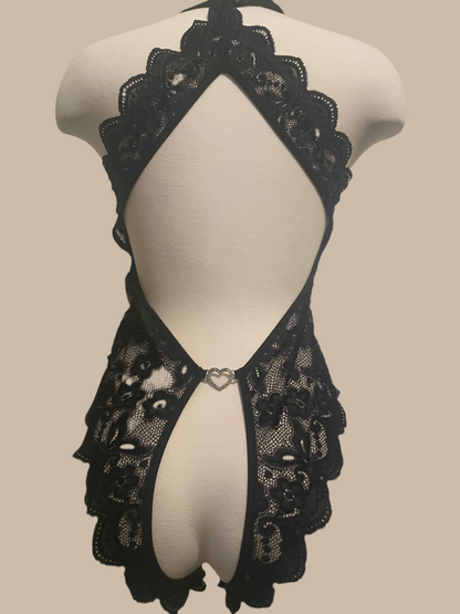 Black Lace Crotchless Teddy With Bow Ties and Rhinestones