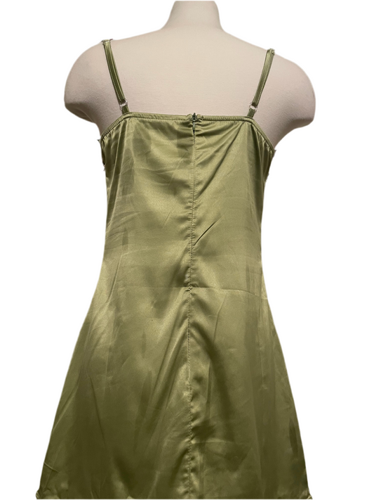 Satin Olive Green Nightgown With Floral Neckline and Straps