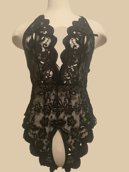 Black Lace Crotchless Teddy With Bow Ties and Rhinestones