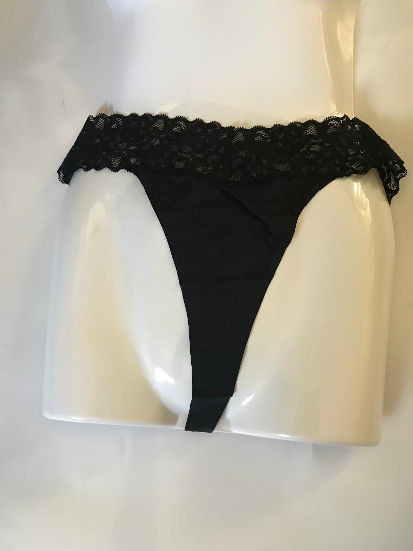 Black Nylon Breathable Thong Panty With Lace Trim